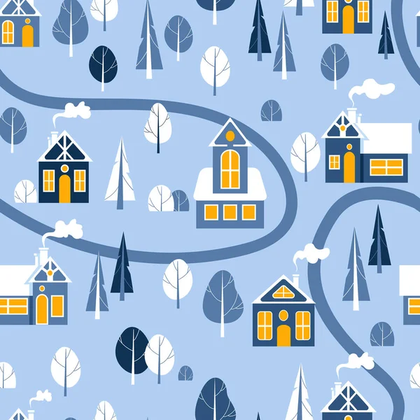 Maisons et arbres dans la neige. Jolie illustration lumineuse de Noël dans un style scandinave. Bleu - tons jaunes. Pour pépinière, papier peint, impression sur tissu, emballage, fond — Image vectorielle