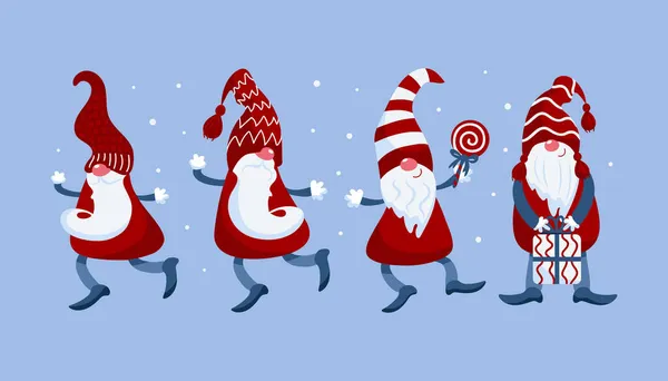 Φωτεινό διάνυσμα σύνολο χαριτωμένα μικρά Χριστούγεννα gnomes σε καπάκια με γλειφιτζούρι, δώρο. Σε διαφορετικές πόζες, χόρεψε, τρέξε, στάσου κάτω από το χιόνι. μπλε-κόκκινα χρώματα. Για αυτοκόλλητα, αφίσες, καρτ ποστάλ, στοιχεία σχεδίου. — Διανυσματικό Αρχείο