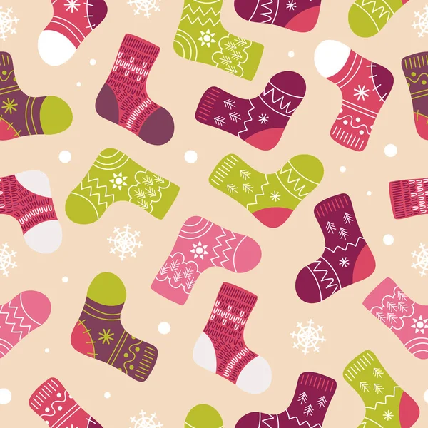 明亮的圣诞袜袜 北欧风格的羊毛冬季服装和卡通风格的雪花 粉色和绿色 育婴室 织物印刷 — 图库矢量图片