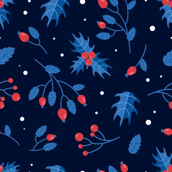 Parlak Noel Deseni Kış Çilekleri Güllük Gülistanlık Holly Kırmızı Mavi — Stok Vektör