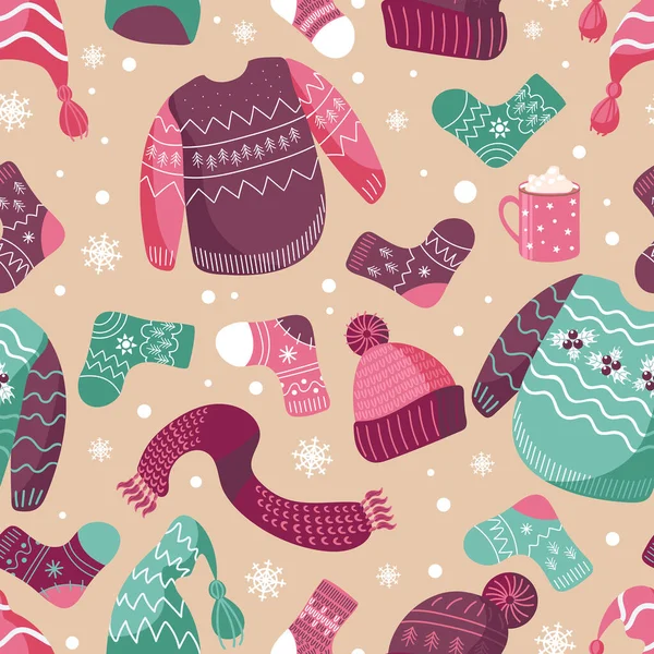 病媒圣诞图解冬季保暖衣服的样式 丑陋的圣诞毛衣 加可可豆的杯子粉色 绿色阴影 用于墙纸 织物印刷 包装材料 — 图库矢量图片