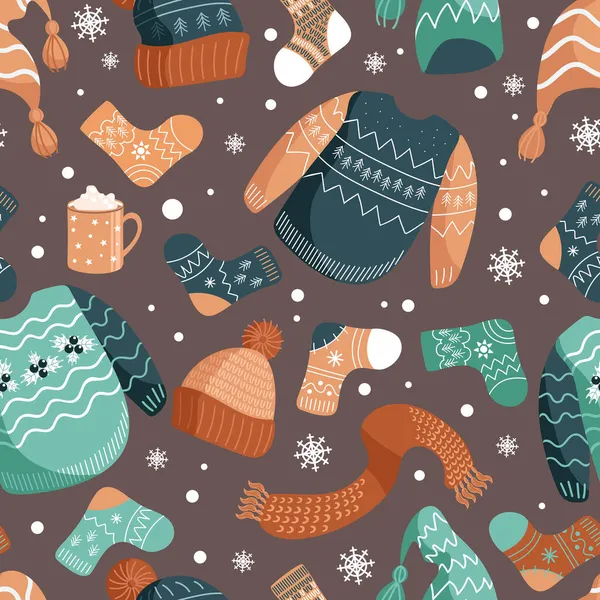 Vector Patrones Ilustración Navidad Ropa Abrigo Invierno Sombreros Calcetines Suéter — Vector de stock