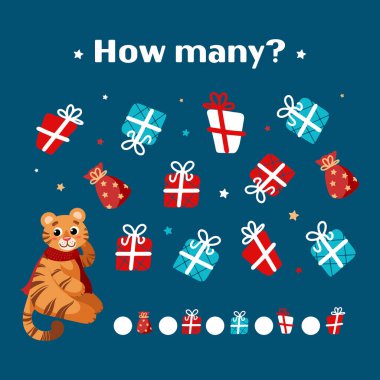 Çocuklar için eğitici bir Noel oyunu. Kırmızı eşarplı şirin bir kaplan hediye kutularını sayar. Mutlu noeller. Çin 'in yeni yıl sembolü 2022. Oyunlar, dergiler, kitap basımı, başvurular, eğitim.