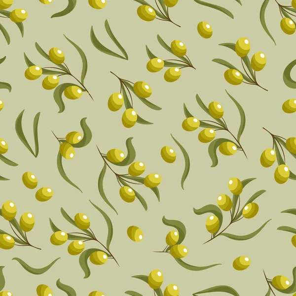 Aceitunas brillante verano vegetal vector ilustración. Patrones sin costuras en colores verdes de moda. Para el envasado de aceite de oliva, papel pintado, impresión de tela, envoltura. — Vector de stock