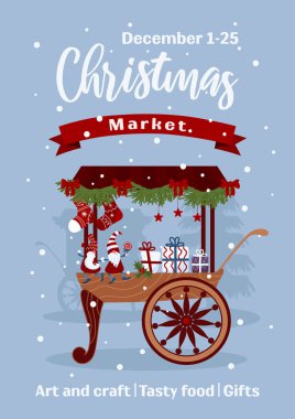 Noel pazarı afişi. Süslü arabalar, adil tezgahlar. Şapkalı, yıldızlı, lolipoplu, hediyeli parlak küçük noel cüceleri. Reklam afişi, poster, broşür için vektör illüstrasyonu