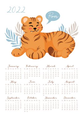 2022 Şirin Yalancı Kaplan Hırıltıları için bir takvim. Çizgi film tarzında vektör illüstrasyonu. Çocuklar için, çalış, çalış. Uluslararası Kaplan Günü. Sembol Çin Yeni Yıl 2022 formatı A4, A3. Dikey