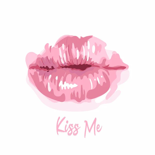 Vektor illustration av ömma rosa läppar, bokstäver kyssa mig. Alla hjärtans dag. Akvarell stil. Glad Världskyss-dag. Äkta kärlek för evigt. För vykort, present, banner, affisch, tryck på kläder, tyg — Stock vektor