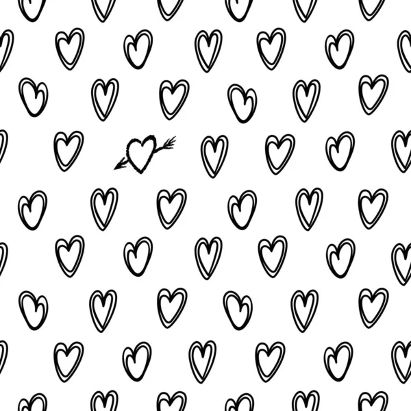 Hearts seamless pattern valentines day. Loneliness concept. Ink hearts. Black and white. Bright vector illustration in hand drawn style. Monochrome tones. For wallpaper, printing on fabric, wrapping — Stock Vector