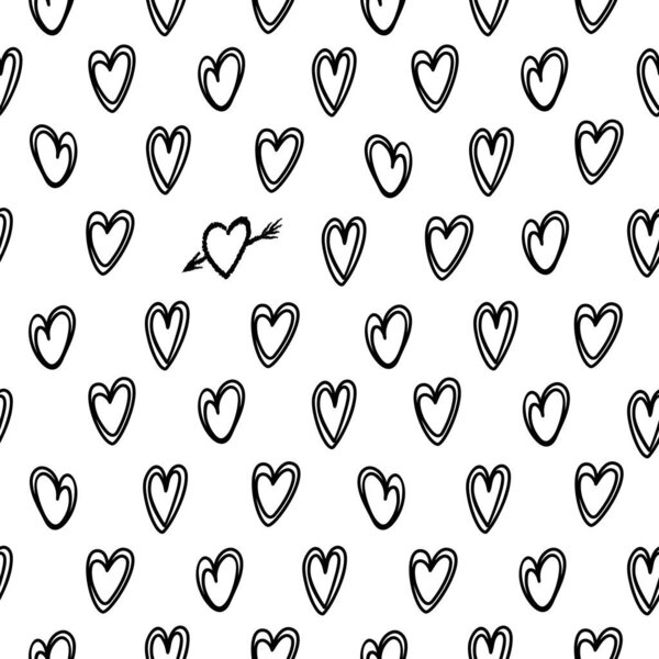 Hearts seamless pattern valentines day. Loneliness concept. Ink hearts. Black and white. Bright vector illustration in hand drawn style. Monochrome tones. For wallpaper, printing on fabric, wrapping