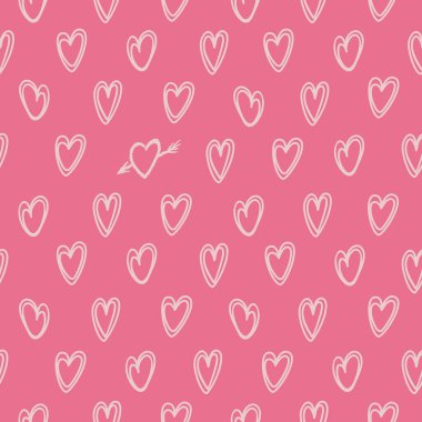 Sevgililer Günü için kalpler kusursuz desen. Yalnızlık kavramı. El çizimi tarzında parlak vektör çizimi. Pembe monokrom tonlarında. Duvar kağıdı, kumaş baskısı, ambalaj.