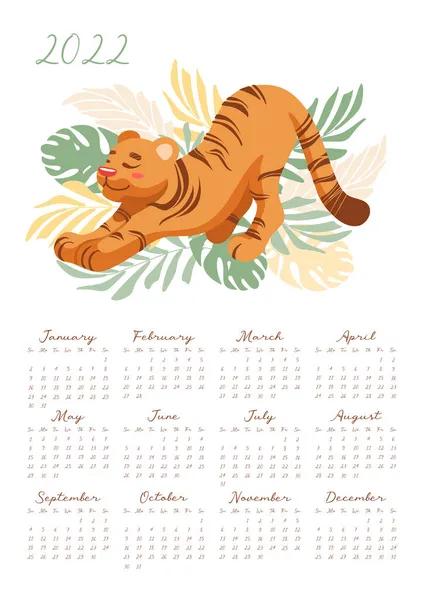Ημερολόγιο Για 2022 Χαριτωμένο Τέντωμα Τίγρης Βρυχάται Βρυχηθμό Διανυσματική Απεικόνιση — Διανυσματικό Αρχείο