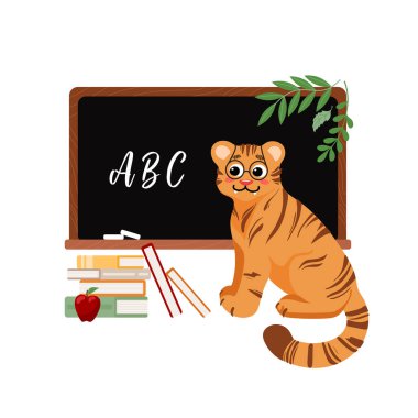 Hoş bir illüstrasyon, gözlüklü kaplan, okulda ders çalışmak. Bilim, okul çocuğu, öğrenci, karatahta, ders kitapları, elma. Çin 'in yeni yıl sembolü 2022. Posterler, kartpostallar, pankartlar için tasarım elementleri