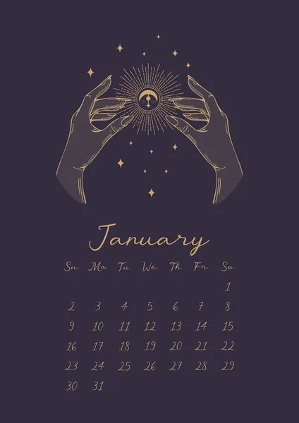 Μαγικό Ημερολόγιο 2022 Τον Ιανουάριο Εικονογράφηση Διάνυσμα Vintage Στυλ Χρυσά — Διανυσματικό Αρχείο