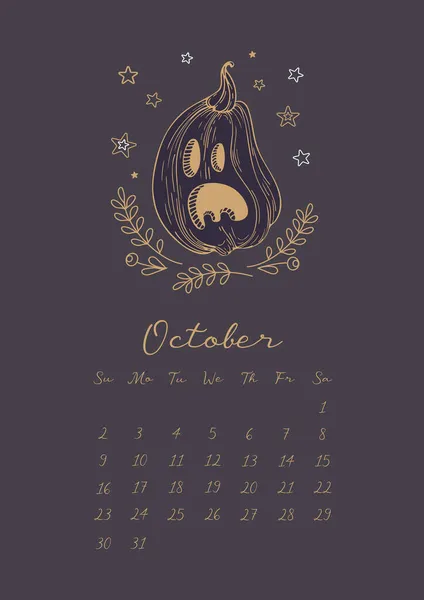 Calendario Mágico 2022 Mes Octubre Ilustración Vectorial Vintage Para Halloween — Archivo Imágenes Vectoriales