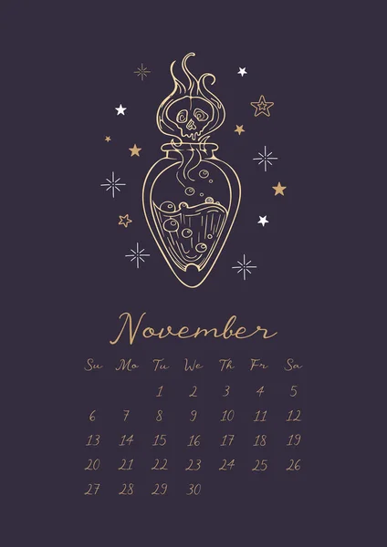 Μαγικό Ημερολόγιο 2022 Τον Νοέμβριο Vector Vintage Εικονογράφηση Για Απόκριες — Διανυσματικό Αρχείο