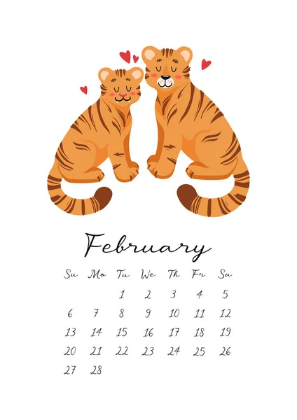 Kalendář 2022 Měsíc Únor Roztomilá Vektorová Ilustrace Valentýna Animalistický Koncept — Stockový vektor