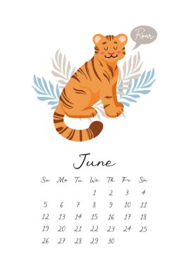 Takvim 2022. Haziran 'da. Oturan sevimli kaplan hırıltısı çizgi film tarzında çocuk vektör illüstrasyonunda kükrer. Uluslararası Kaplan Günü. Sembol Çin Yeni Yılı 2022 Takvim, planlayıcı, posterler için not.