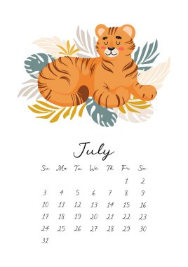 Takvim 2022. Temmuz ayı. Çizgi film tarzında sevimli yalancı kaplan çocuk vektör illüstrasyonları. Uluslararası Kaplan Günü. Sembol Çin Yeni Yılı 2022 Takvim, planlayıcı, not