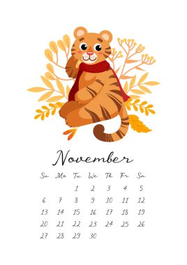 Takvim 2022. Kasım 'da. Sonbahar yaprakları arasında kırmızı eşarplı şirin bir kaplan, çizgi film tarzı. Sembol Çin Yeni Yılı 2022 Takvim, planlayıcı, not