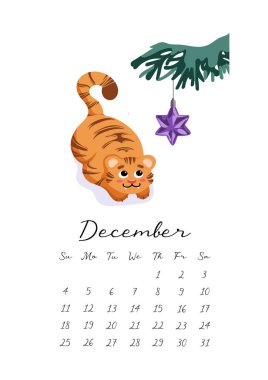 Takvim 2022. Ayın Aralık ayında. Şirin bir kaplan yavrusu Noel ağacı oyuncağıyla oynuyor. Mutlu noeller. Çin 'in yeni yıl sembolü 2022. Takvim için, planlayıcı, not.