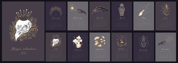Μαγικό Ημερολόγιο 2022 Διάνυσμα Αντίκες Γοτθικές Εικόνες Μαγείας Μαγικά Αντικείμενα — Διανυσματικό Αρχείο
