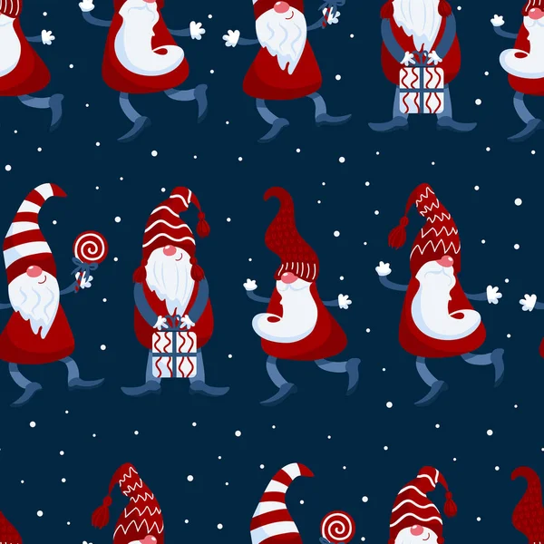 Brillante patrón de Navidad. Gnomos en gorras, bastones de caramelo, regalos, invierno, nevadas. Estilo plano en tonos rojo-azul. Para vivero, papel pintado, impresión en tela, envoltura — Vector de stock