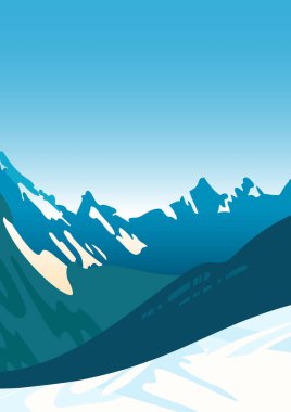 Karla kaplı dağ sıraları, mavi gökyüzü. Parlak kış manzarası. Kış sporları. Snowboard, kayak merkezi. Posterler, kartpostallar, afişler, web sitesi.