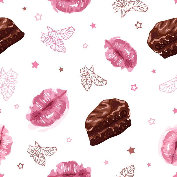 Día de San Valentín. Labios rosados tiernos, pasteles de chocolate, estrella, menta. Patrón sin costura Ilustración vectorial. Estilo acuarela. Día Mundial del Beso. Embalaje, postales, fondo, pancarta, póster, tela impresa — Vector de stock