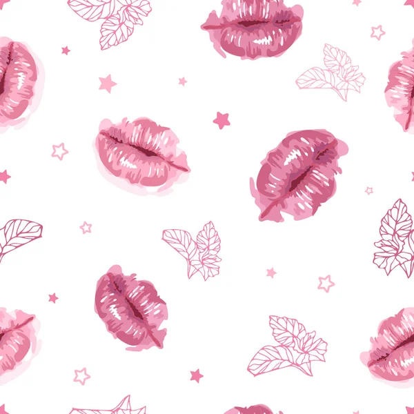 バレンタインデー。ピンクの唇、星、ミント。シームレスなパターンベクトルイラスト。水彩画。世界キスの日。パッケージ、ポストカード、背景、バナー、ポスター、プリント生地. — ストックベクタ