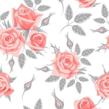 Elegant Victorian English roses seamless pattern, vintage style. For Valentines Day, weddings, wallpaper, printing on fabric, wrapping. Pink gray tones