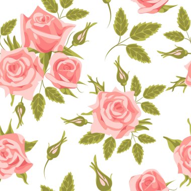 Elegant spring english roses seamless pattern, vintage style. Bouquets, buds. Valentines Day, weddings, wallpaper, dresses, packaging. Pink-green tones