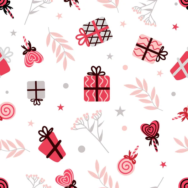 Valentines Day. Lollipop, hearts, gifts, leaves. Bright pattern in cartoon style, pink and gray colors. For weddings, wallpaper, printing on fabric, wrapping. Pink gray tones. — Vector de stock