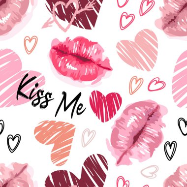 Valentines Day. Lips in a watercolor style, hearts lettering kiss me. Daring bright modern pattern, graffiti. On white background. For wallpaper, printing on fabric, wrapping, background.