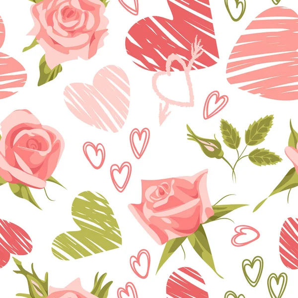 Valentines Day. Hearts and roses. Bold modern pattern, graffiti. Bright vector illustrations with grunge textures in a sketch style. For wallpaper, printing on fabric, wrapping, background — Stock Vector