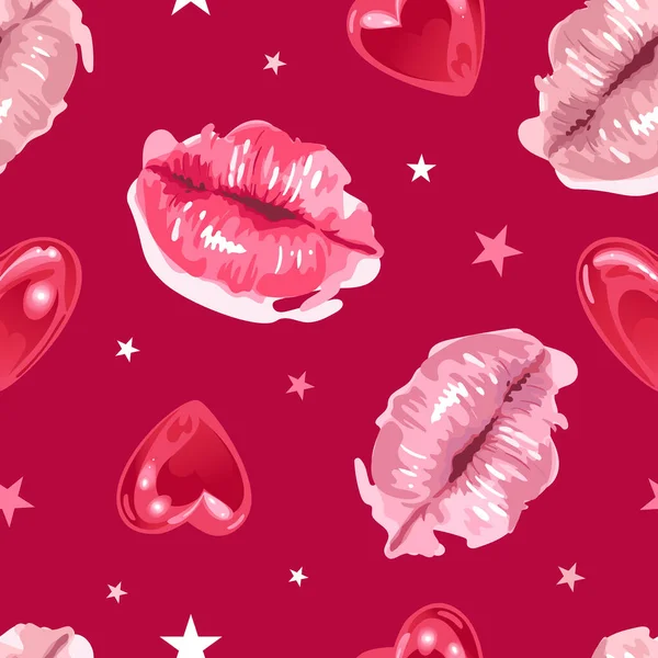 Valentines Day. Glossy lips in a watercolor style and shining balloons in the shape of a heart, a star. Bright seamless pattern. For wallpaper, printing on fabric, wrapping, background — Stock Vector