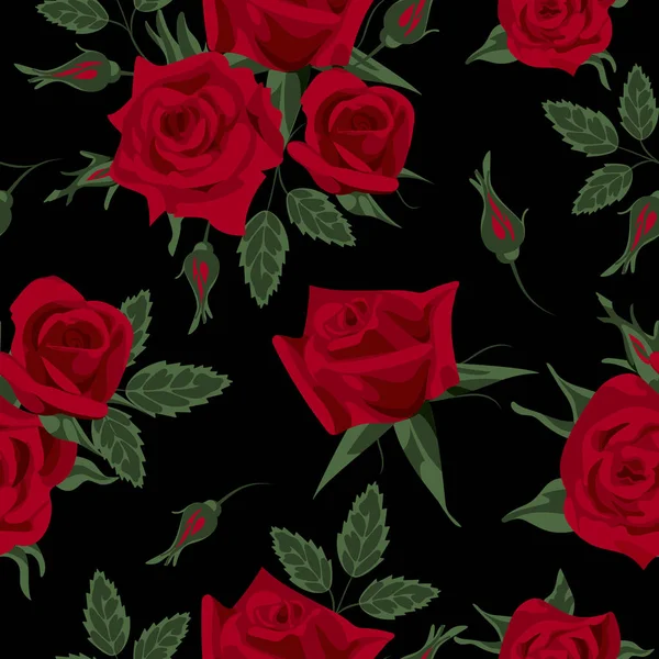Elegante victoriano Inglés rosas rojas patrón sin costuras, estilo vintage. Para el Día de San Valentín, bodas, papel pintado, impresión en tela, envoltura. Sobre un fondo negro — Vector de stock