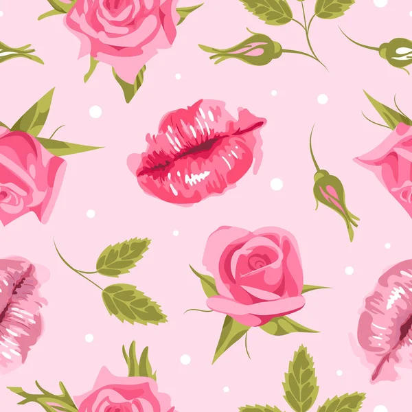 Día de San Valentín. labios y rosas. Elegante Inglés rosas rosadas patrón sin costuras, estilo vintage. Para bodas, papel pintado, impresión en tela, envoltura. — Vector de stock