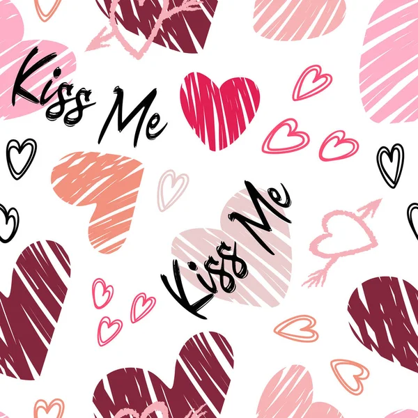 Valentines Day. Hearts, lettering kiss me. Bold modern pattern, graffiti. Bright vector illustrations with grunge textures in a sketch style. For wallpaper, weddings, fabric, wrapping, background. — Stock Vector