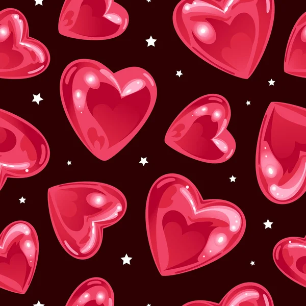Valentines Day. Bright seamless pattern with shiny realistic heart-shaped balloons and stars. On a black background. For wallpaper, printing on fabrics, packaging. — Stock Vector