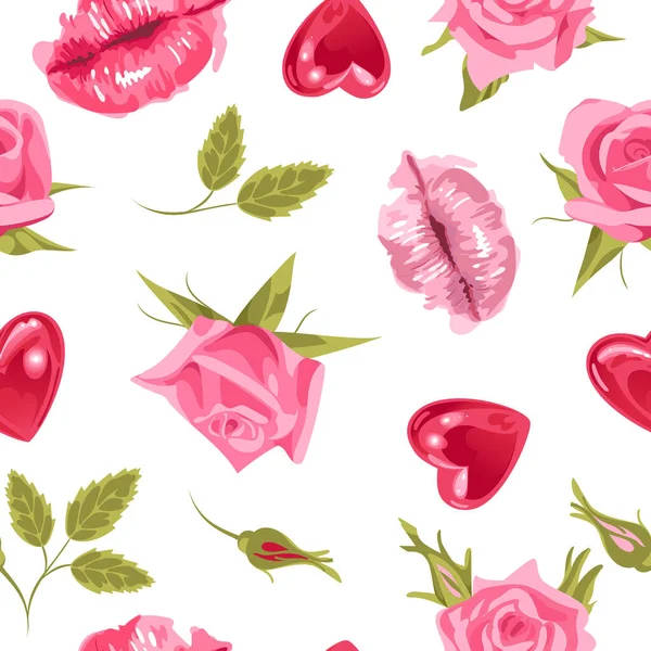Día de San Valentín. Estilo acuarela labios brillantes y brillantes globos en forma de corazón, rosas rosadas. Patrón brillante sin costuras. Para papel pintado, impresión en tela, envoltura — Vector de stock
