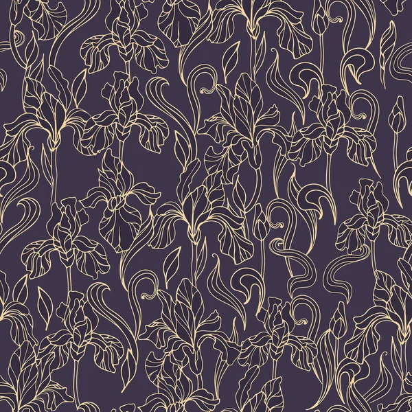 Nahtloses Muster aus goldenen Irisblüten auf dunklem Hintergrund. Jugendstil, modern. Botanische Illustration für Kinderzimmer, Tapete, Druck auf Stoff, Verpackung — Stockvektor