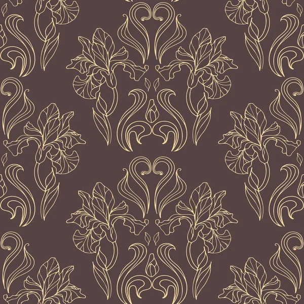 Golden elegant iris flowers. Vector illustration of art nouveau, modern. Seamless vintage damask pattern. Botanical illustration for wallpaper, fabric printing, packaging — Stock Vector