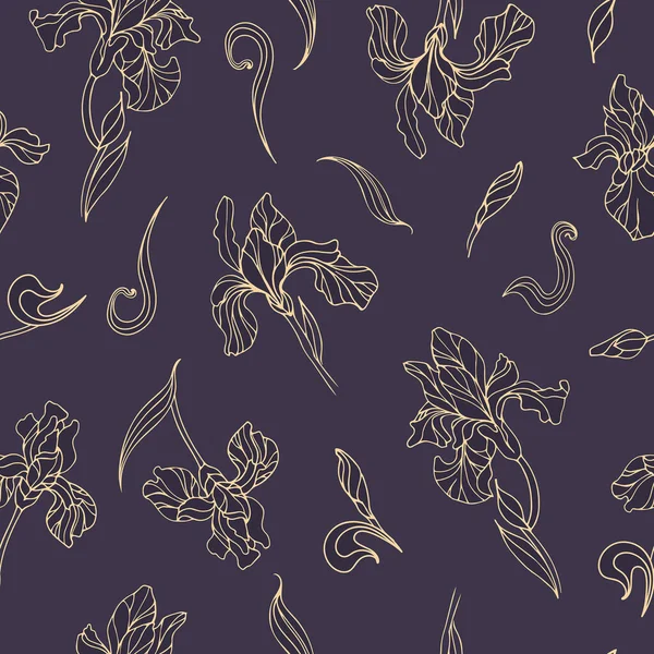 Bourgeons d'iris doré avec des feuilles. Illustration vectorielle vintage en style dessiné à la main. Art nouveau, moderne. Illustration botanique pour papier peint, impression de tissu, emballage. — Image vectorielle