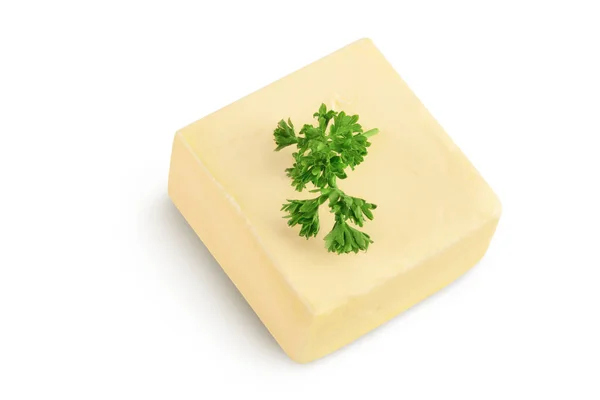 Manteiga isolada sobre fundo branco com caminho de recorte e profundidade total de campo. Vista superior. Depósito plano — Fotografia de Stock