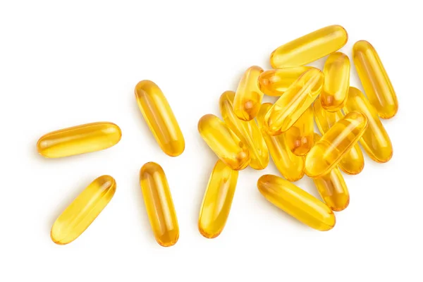 Fish oil capsules isolated on white background with clipping path and full depth of field. Top view. Flat lay Royalty Free Stock Images