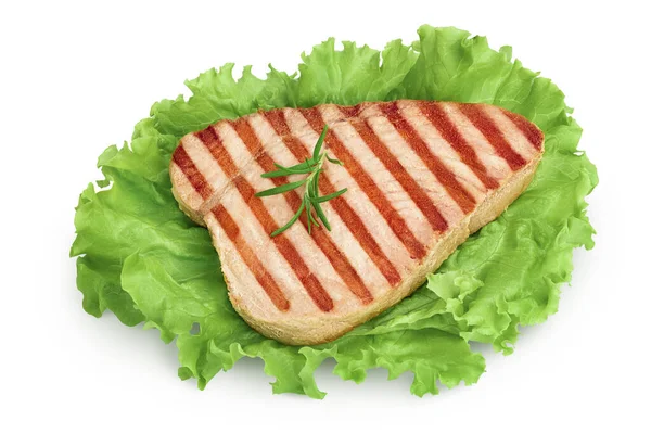 Thunfischsteak vom Grill isoliert auf weißem Hintergrund mit Clipping-Pfad und voller Schärfentiefe, Draufsicht. Flache Lage — Stockfoto