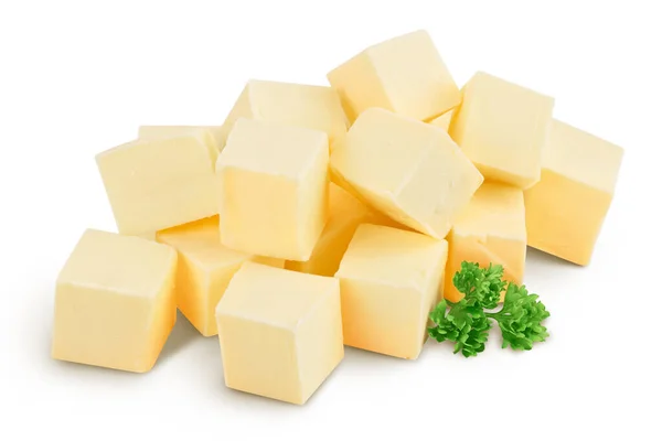 Cubo de manteiga isolado em fundo branco com caminho de recorte e profundidade total de campo — Fotografia de Stock