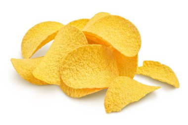 Patates cipsleri kırpma yolu ve tam derinlikteki beyaz arkaplanda izole edildi.