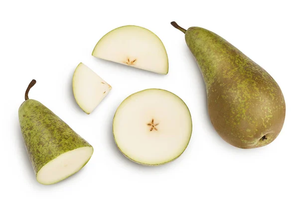 Green conference pear isolated on white background with clipping path and full depth of field, Top view. Flat lay — Stock Photo, Image