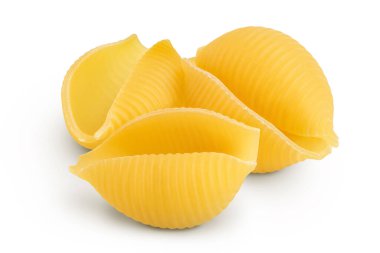 Pişmemiş kurutulmamış conchiglie. Çiğ organik kabuklu makarna, kesme yolu ve tam derinlikteki beyaz deniz tabanında izole edilmiş.